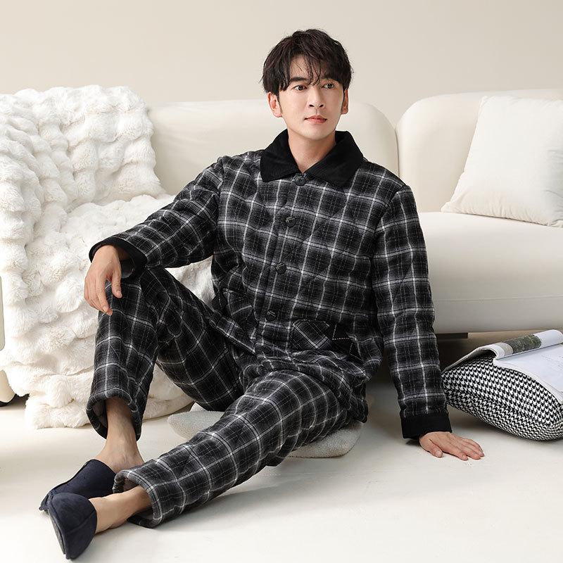 Pajamas Men'S Winter Pure Cotton Padded Three-Layer Thickened Piled Padded Cotton Woven Warm Autumn And Winter Loungewear Set