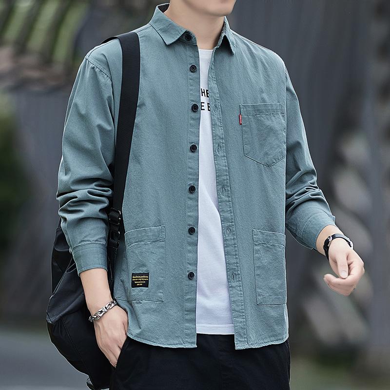 Men's Spring Autumn Long Sve Work irt Wear Resistant Large Size Simple American Sle Loose Fit Youth Faion Pure Color