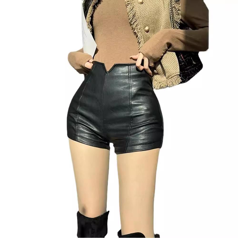 Women's Fall Winter 2026 High Waisted Slimming Wide Leg Casual PU Leather Shorts Outer Wear Versatile Base Pants Mini Shorts