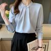 Women's Stand Collar Long Sleeve Loose Fit Blouse Pleated Satin Office Shirt