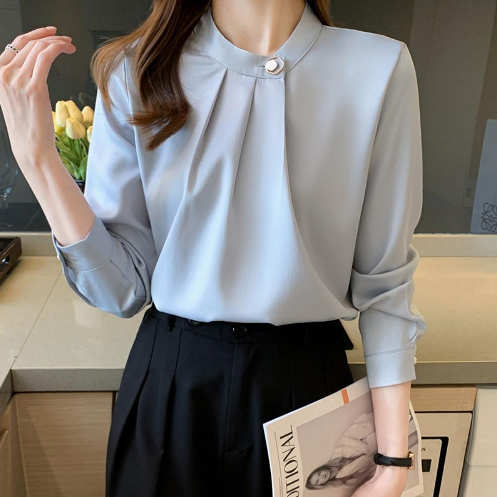 Women's Stand Collar Long Sleeve Loose Fit Blouse Pleated Satin Office Shirt