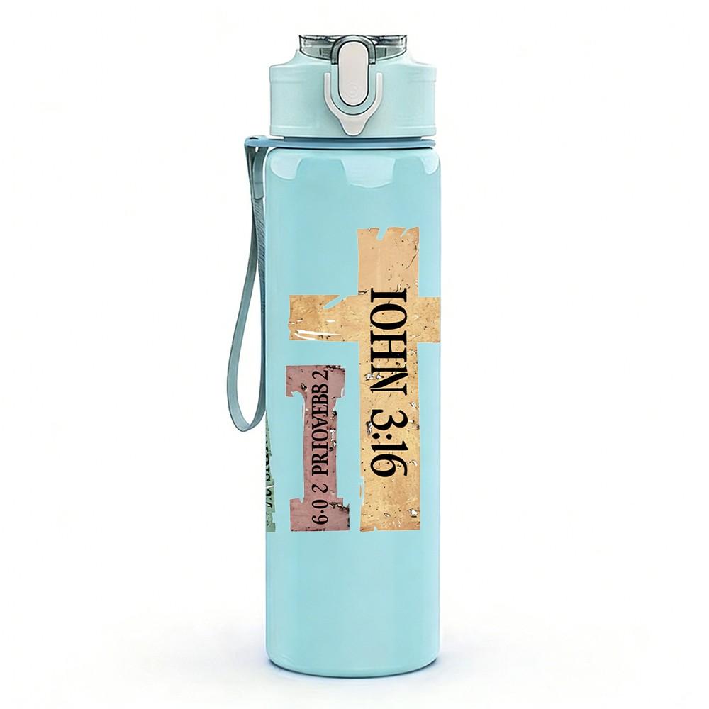 1PC Faith Cross Letter Text Art Print 750ml Color Plastic Sports Water Bottle Leakproof Flip Straw Lid Suitable for Sports Office Home Use