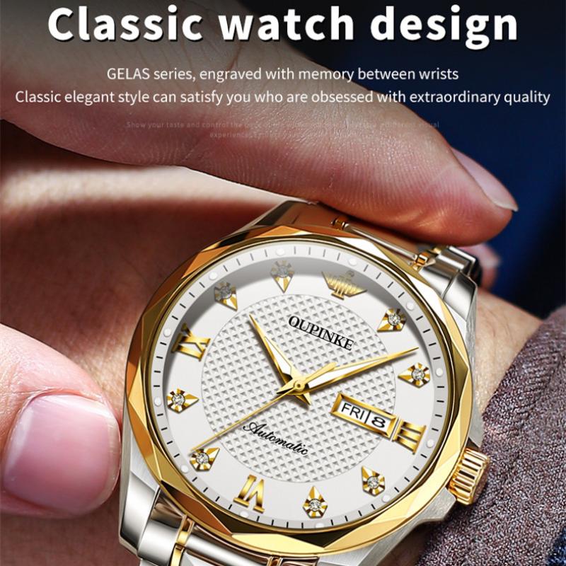 OUPINKE  New Business and leisure Men's Watch Automatic Mechanical Watch Stainless Steel Business Double Calendar Waterproof High-end Watch