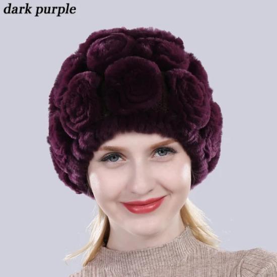 New Arrival Flowers Real Fur Hats Winter Russian Women Natural Rex Rabbit Fur Caps Lady Genuine Rex Rabbit Fur Beanies Cap