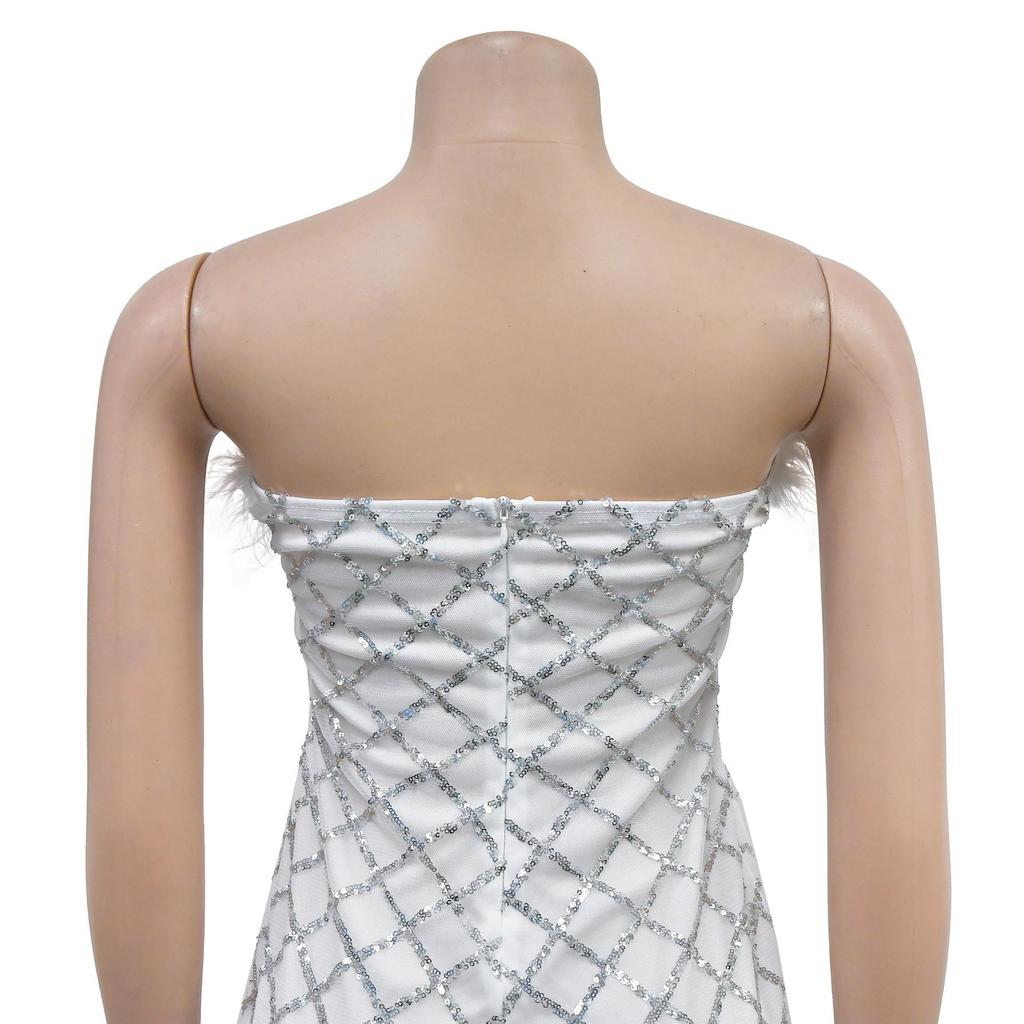 Europe America Fashion Women's Sexy Strapless Sequin Feather Bandage Dress
