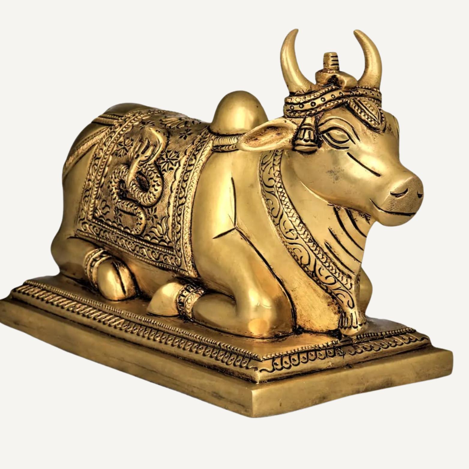 Ashtadhatu Brass Nandi Bull Idol, Decorative Brisabh Nandi, Gold, Brass - 4 Cm