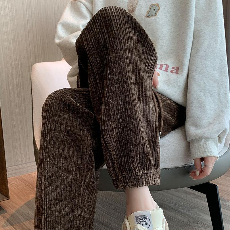 Coffee Corduroy Pants Women's Autumn and Winter New High Waist Fleece Sweatpants Casual Tie Feet Thickened Sweatpants