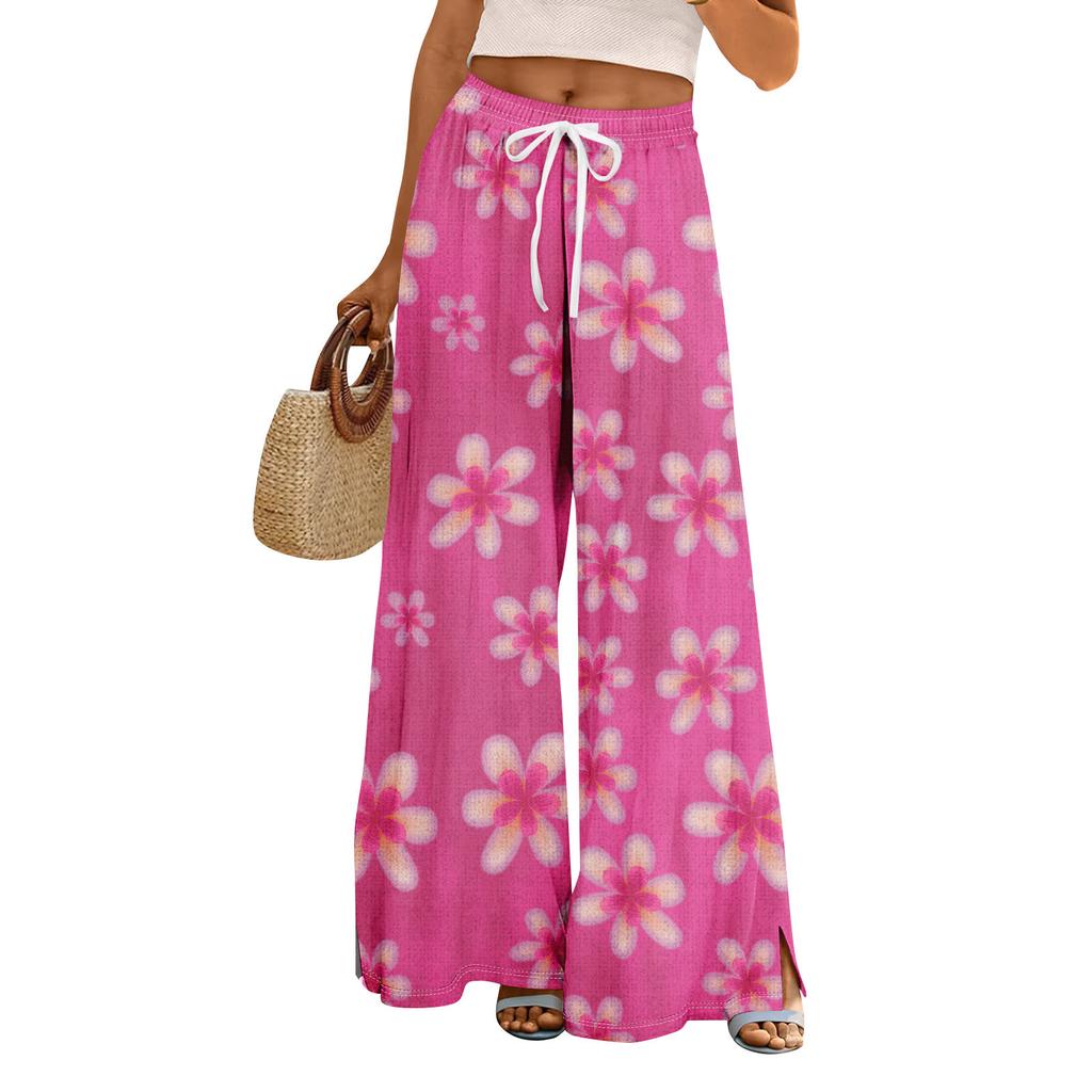 Women Summer Boho Palazzo Pants High Waist Wide Leg Floral Printing Casual Trousers With Pockets