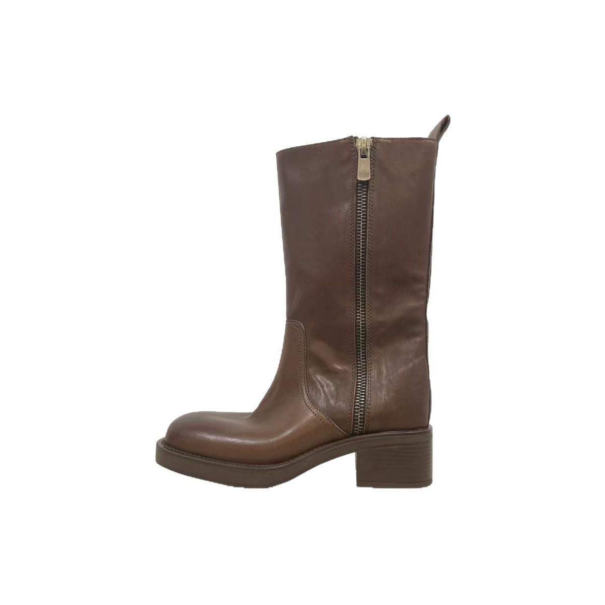 

Washing process retro autumn and winter knight boots women s medium boots British thick heel round head leather side zipper fashion riding boots 40