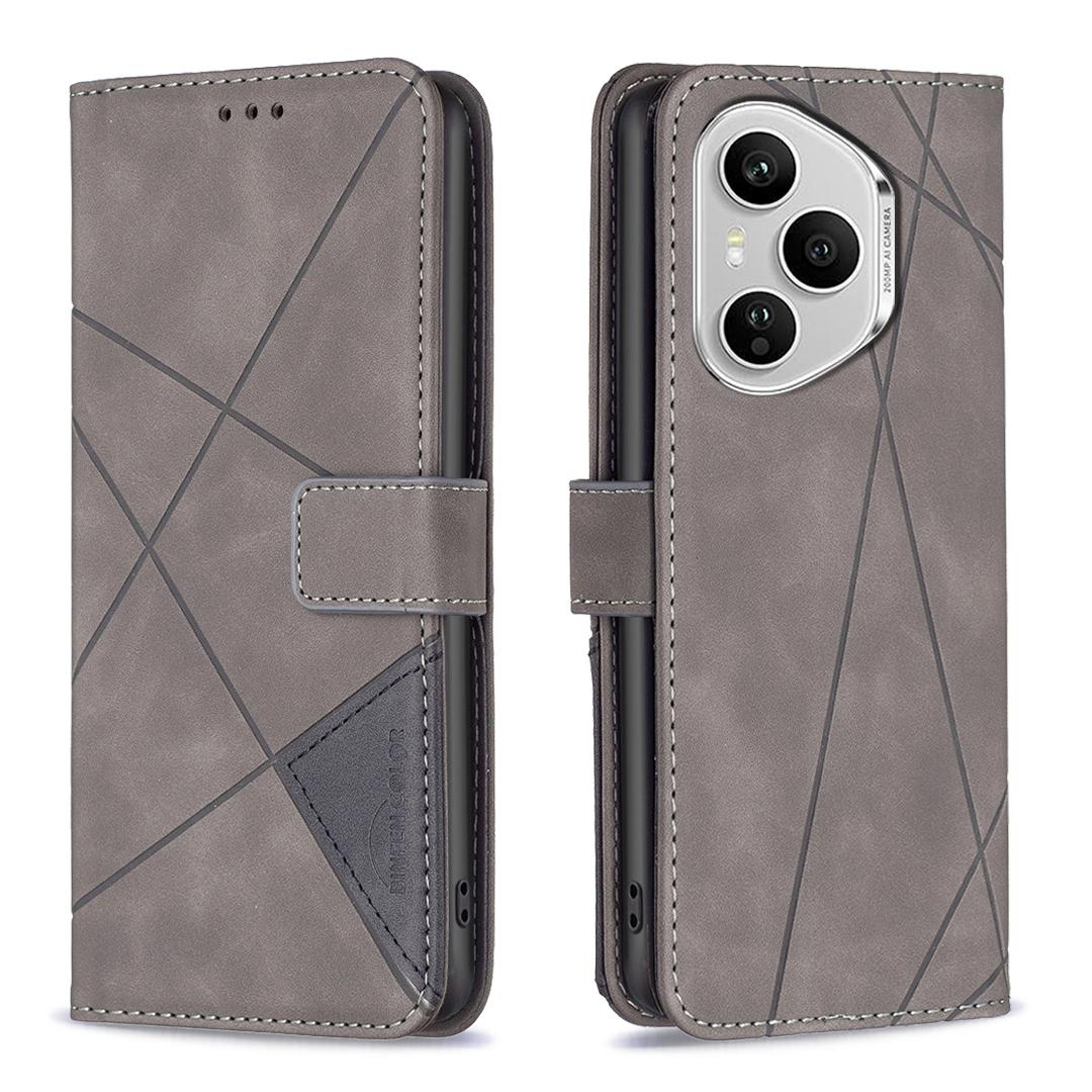 

For Honor 400 Pro 5G (Global) Phone Case BINFEN COLOR Wallet Stand Geometry Imprinted Leather Cover Grey