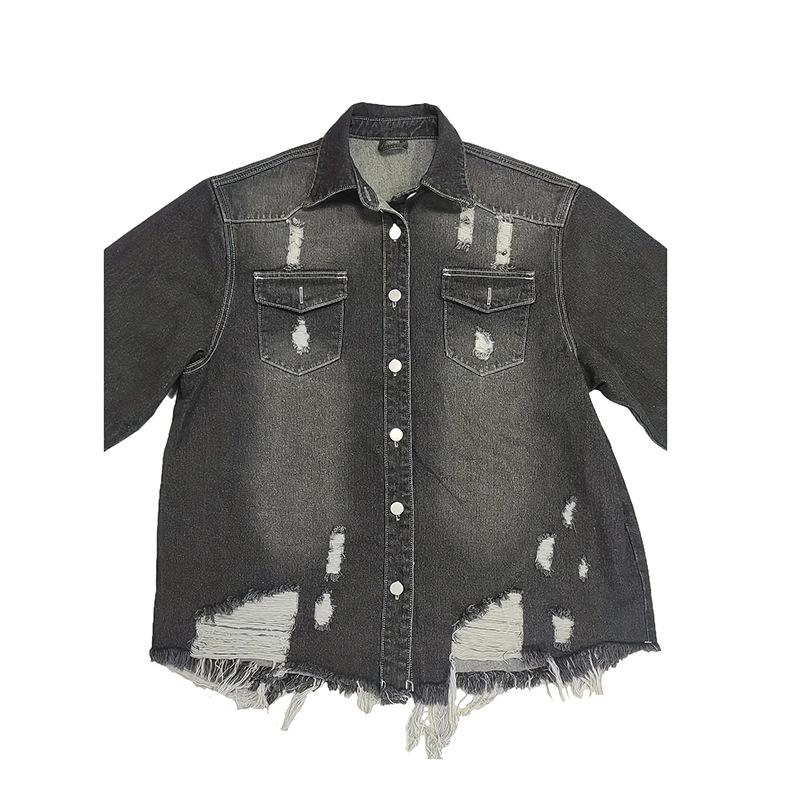 Women's Plus Size Ripped Denim Jacket - European & American Style, Loose Fit