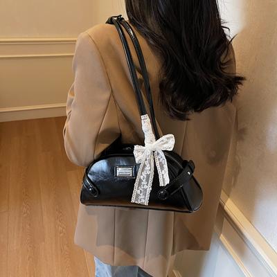 Women Small Underarm Bag PU Leather Bow Leisure Armpit Shoulder Bags Solid Color Travel Tote Handbag Fashion Female Dating Bag