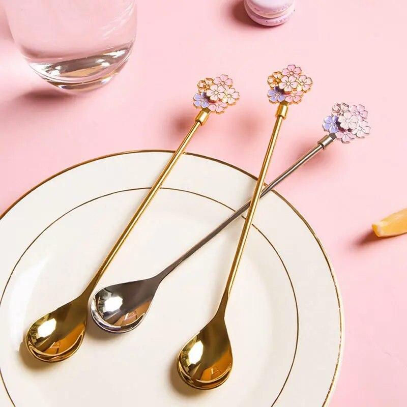 Mixing Spoon 304 Stainless Steel Spoon Home Dessert Spoon Drift Cherry Blossom Spoon Long Handle Spoon