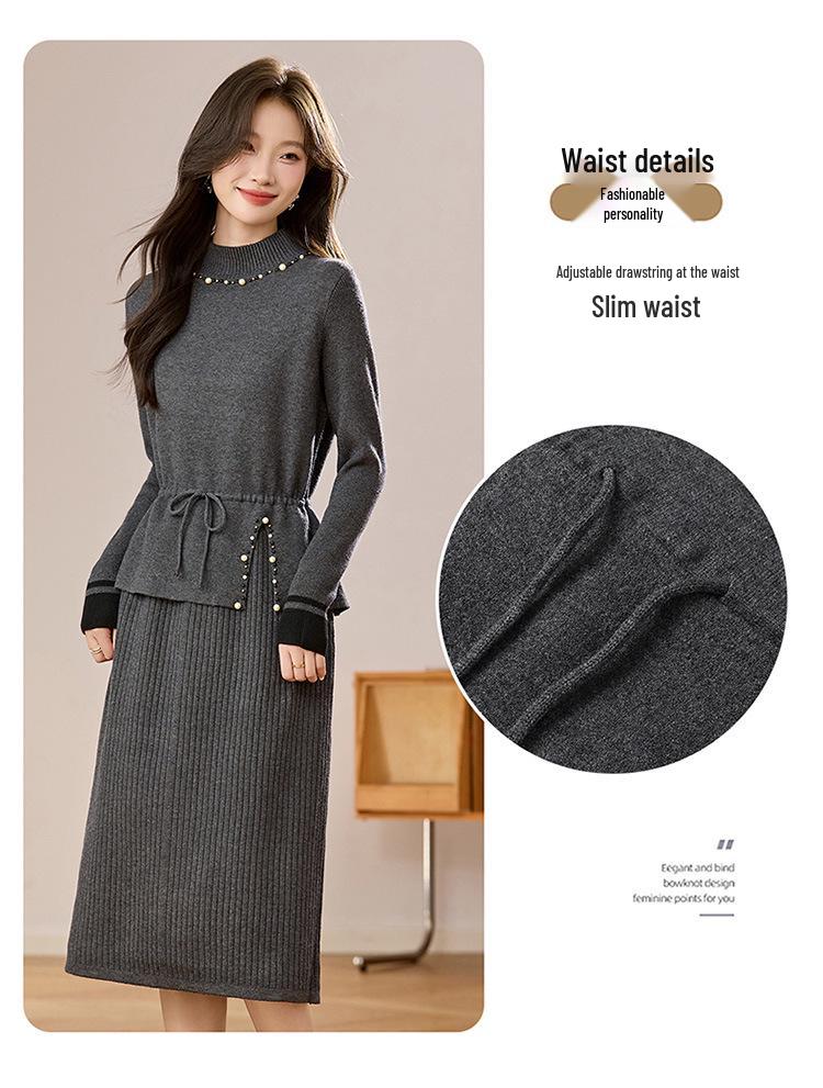 2026 Beaded Knit Sweater Dress - Women's Mid-Length Autumn Winter Solid Color Vest Dress