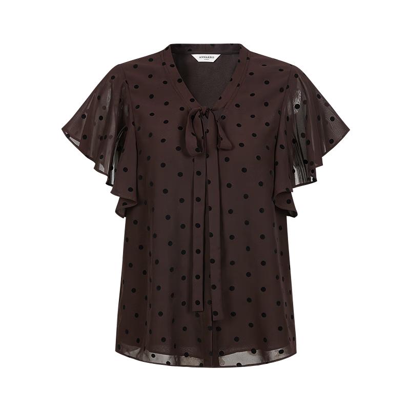 Anna Co Polka Dot Tie-Neck Blouse L