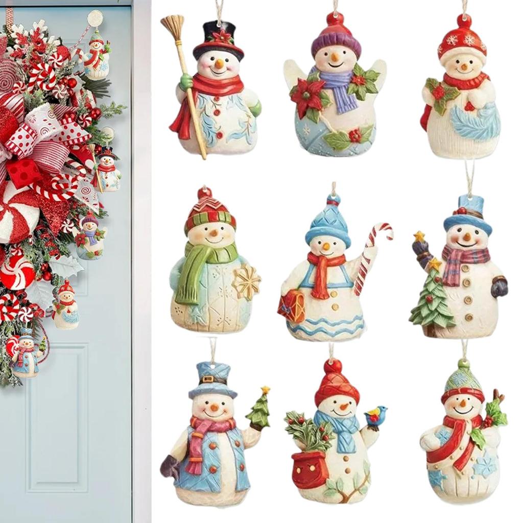 9PCS Christmas Ornaments Wooden Ornaments Set Snowman Figurines Decorations Wood Crafts Figurine Pendant Hangable for Holiday