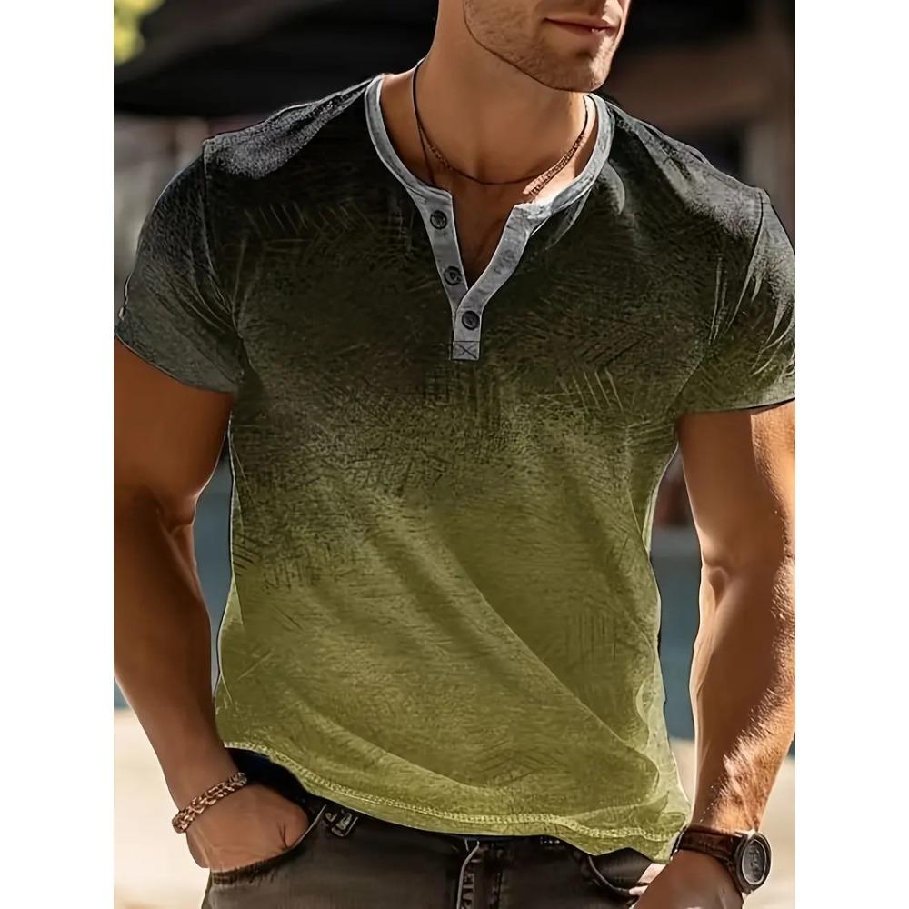 New Men's Casual Striped Gradient Henley-neck Short-sleeved Henley Shirt