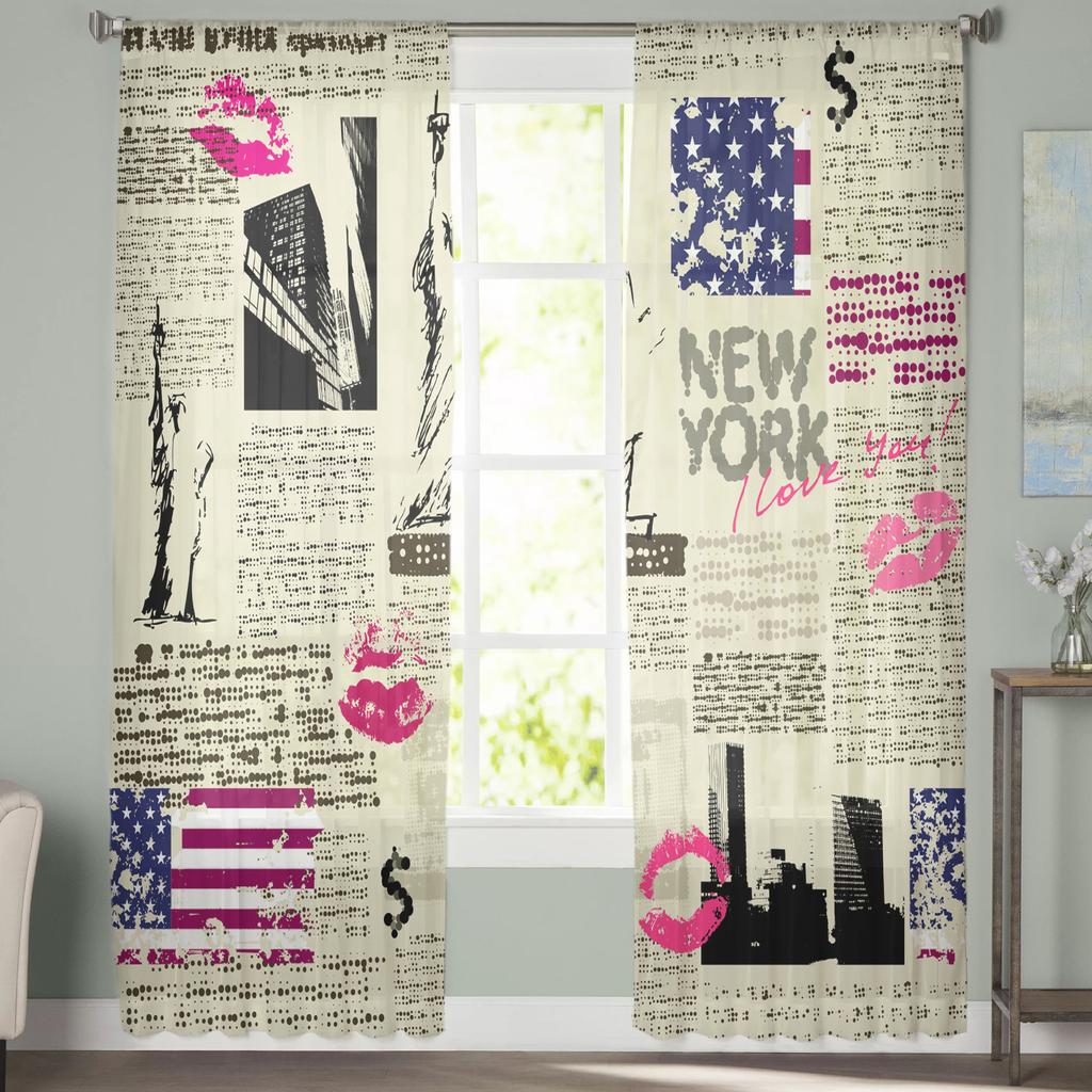 Retro Zeitung New York Vorhang für Wohnzimmer Transparente Tüllvorhänge Fenster Sheer für das Schlafzimmer Zubehör Dekor