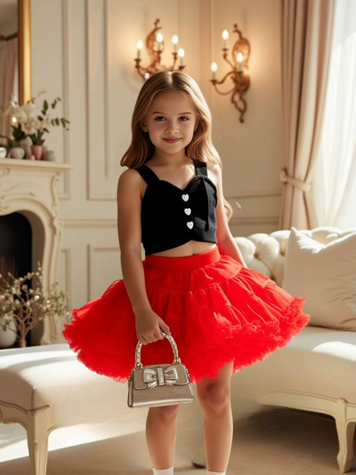 

Girls Heart Button Knit Vest + Mesh Skirt Two-Piece Set 130 червоний