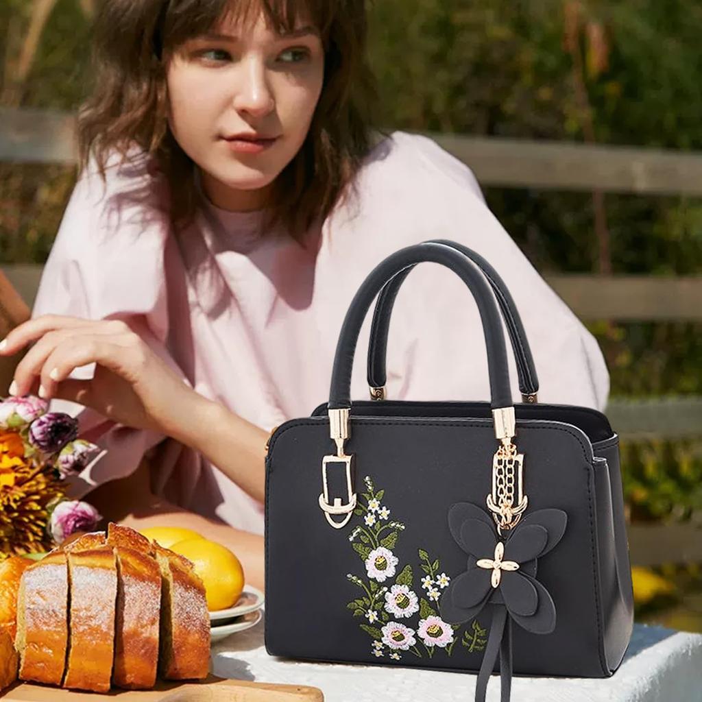 NICOLE & DORIS Women's 2-Way Shoulder Bag, PU Leather with Floral Embroidery, Waterproof, Lightweight, Can be Carried Over the Shoulder, Handbag, or