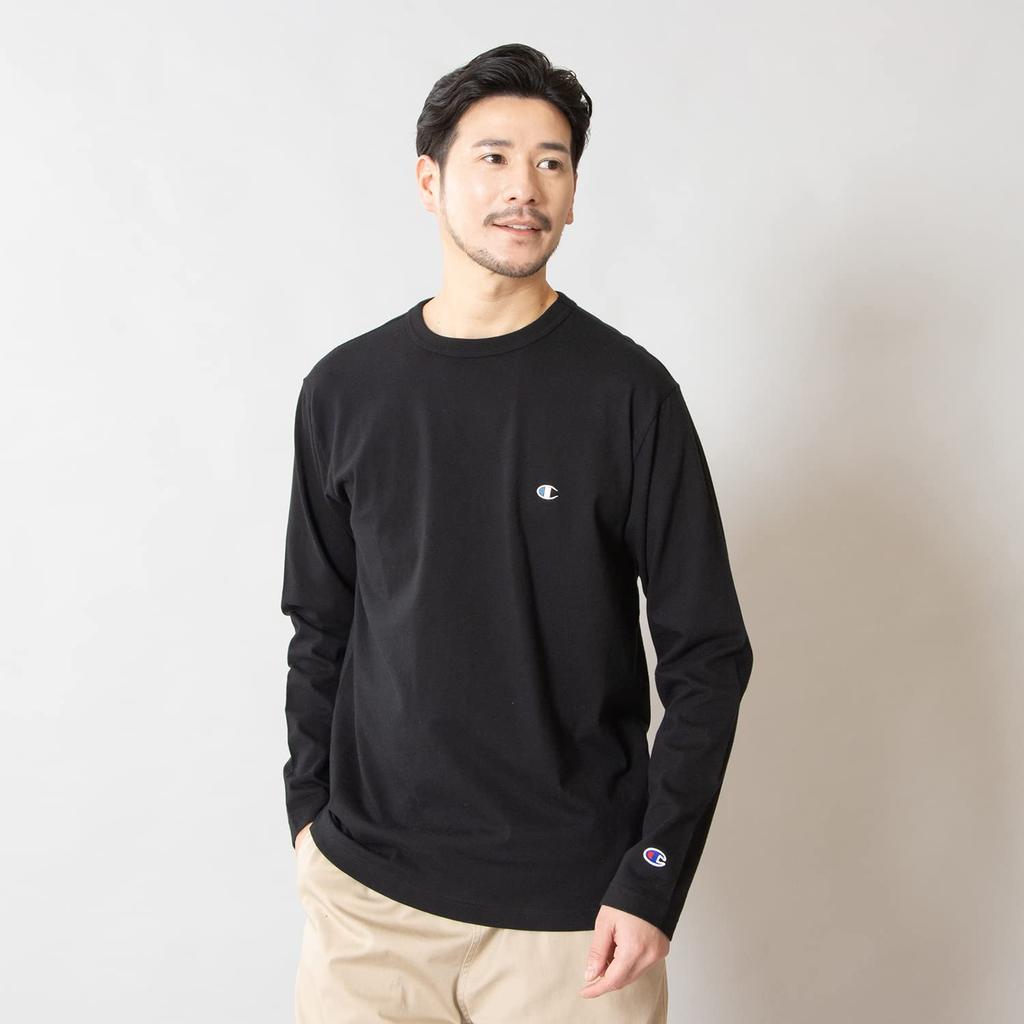 Champion Long Sleeve Size Crew Embroidered Men's T-Shirt, Basic, Black, M, 100% Cotton, Neck, Logo, C8-X408