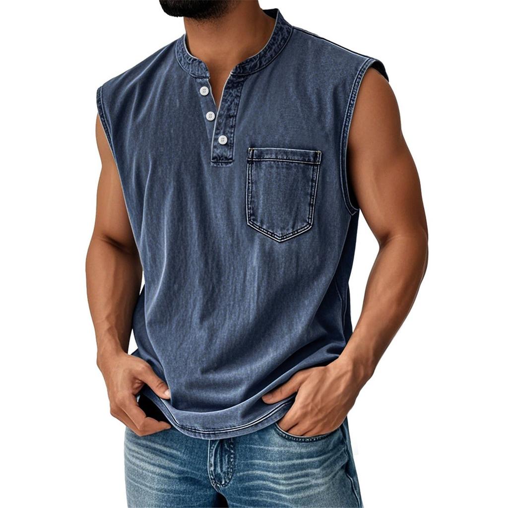 Men's Summer Solid Color Pocket Sports Buttons Vest Men's Sports Casual Vest
