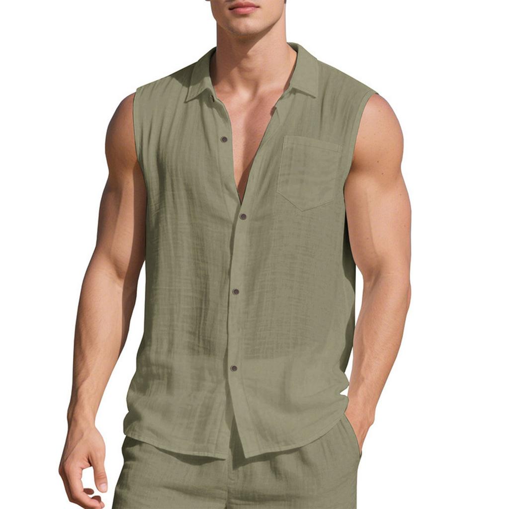 Men'S Fashion Collar Color Shirt Casual Sleeveless Top