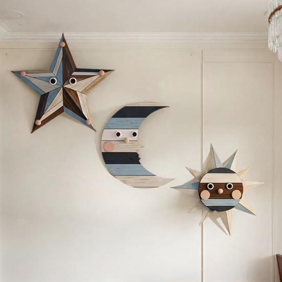 3 Pcs Rustic Sun Moon Star Wooden Wall Art Bohemian Style Vintage Wall Hanging Decorations for Boho Farmhouse Living Room Bedroom Decor