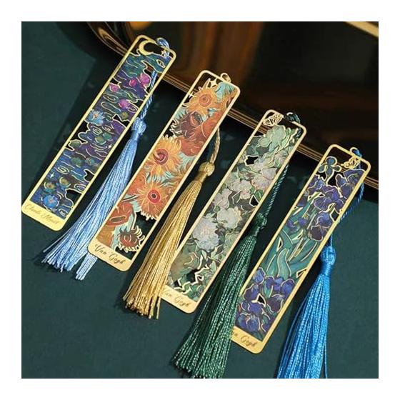 Elegant Metal Bookmarks with Tassels - Set of 6, Featuring Famous Paintings (Van Gogh) - Unique Gifts for Book Lovers, Teachers, Friends, and