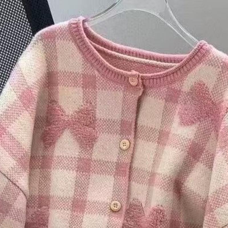 Women Solid Color Bow Plaid Sweater Korean Loose Round Neck Knitted Cardigan Autumn Versatile Lady Single Breasted Coat