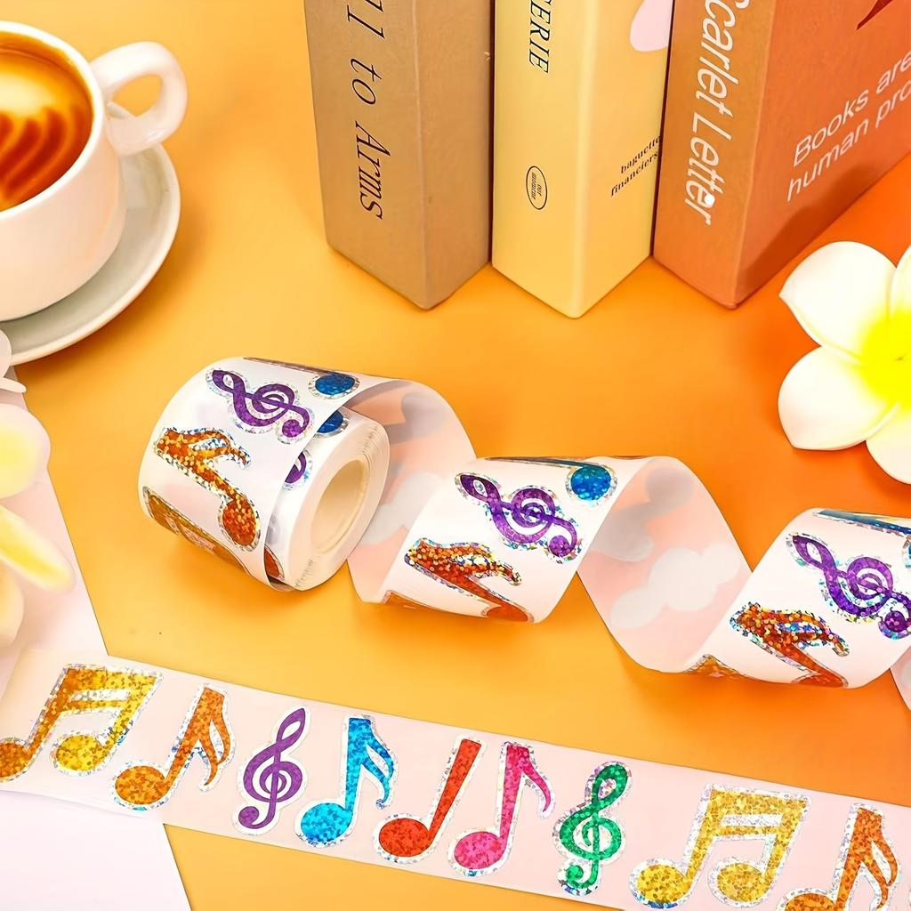 500Pcs/roll Laser Music Symbol Sticker Color Glitter Stickers for Handbook Guitar Musical Instruments Helmet Laptop Decoration