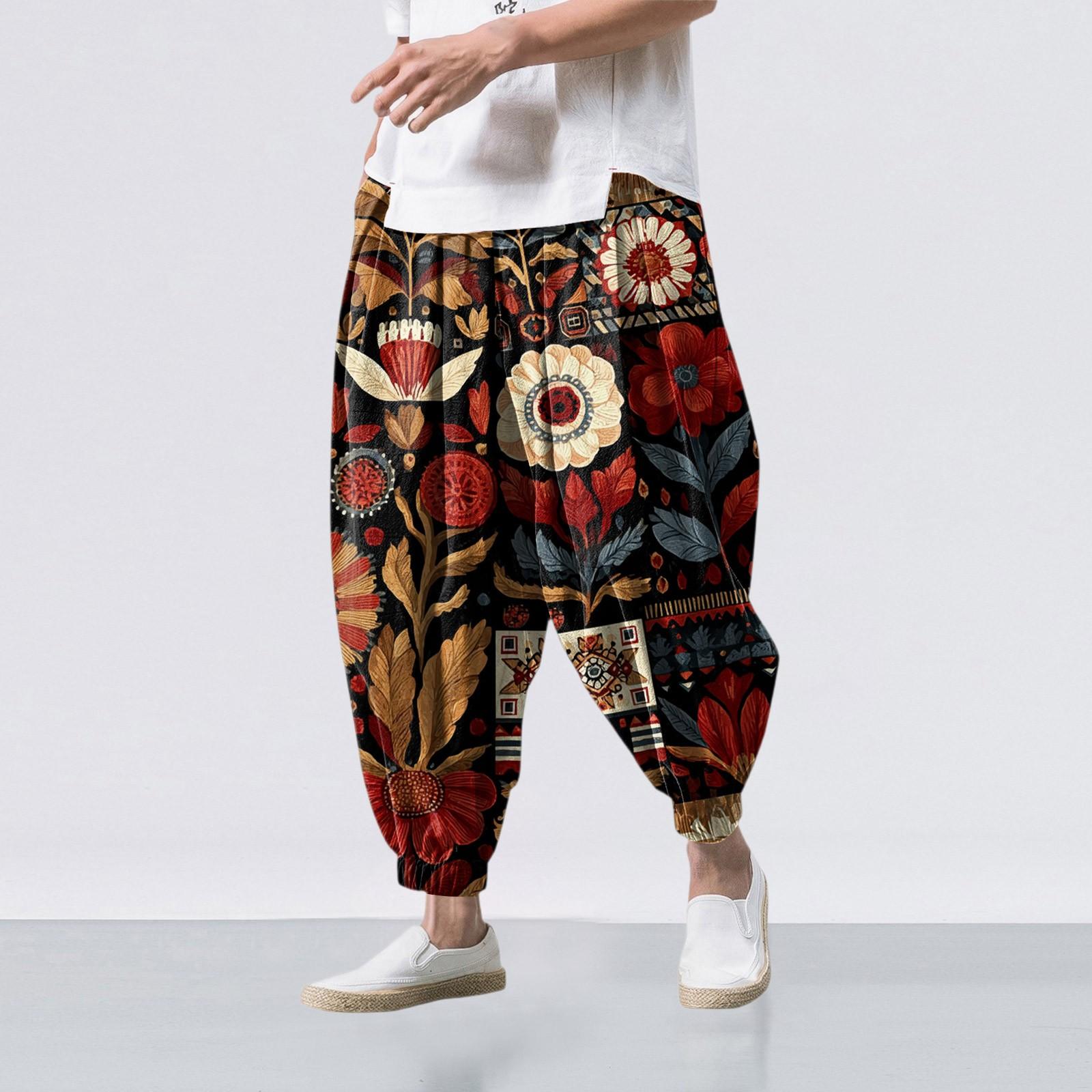 

Принт в етнічному стилі - Повсякденні штани-палаццо, чоловічі вільні повсякденні штани XL винний