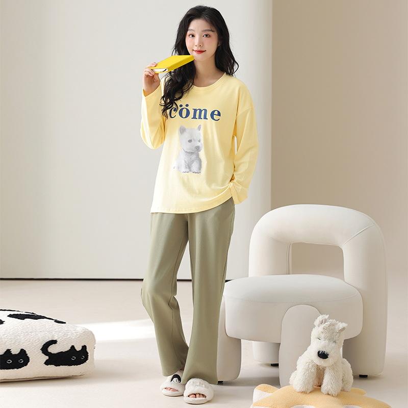Pure cotton pajamas women's spring and autumn 1011 new autumn long-sleeved loose self-brought chest pad homewear tied foot set