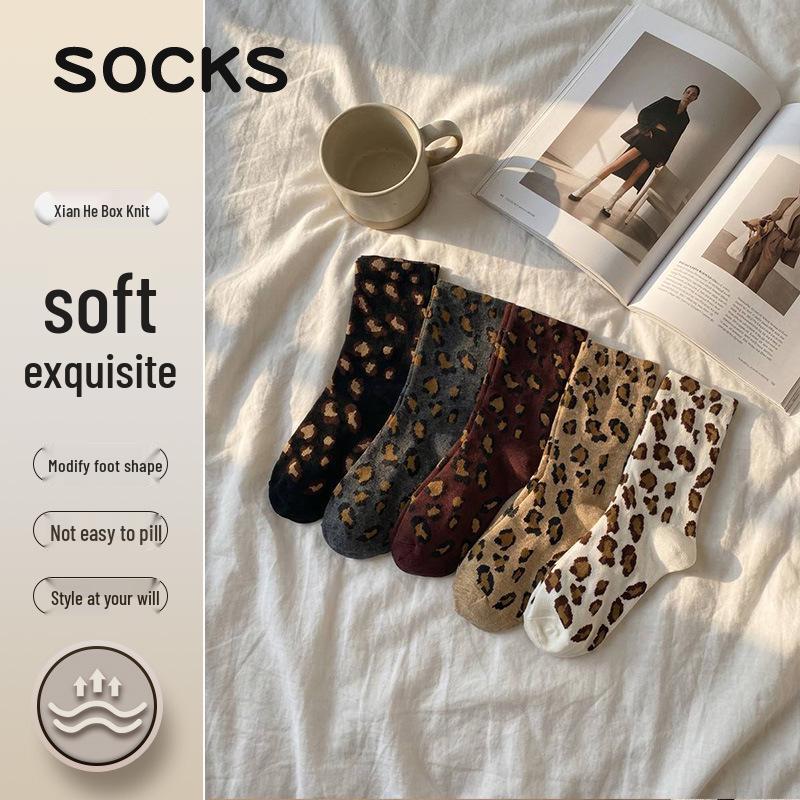 Women's Retro Leopard Print Mid-Calf Socks - Autumn/Winter Melange Cotton Slouch Style, Korean Trendy Long Socks, In Stock.
