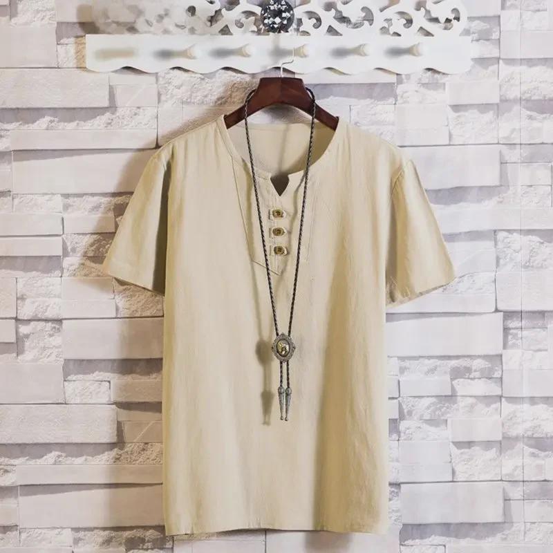 Men's Chinese-Style Short-Sleeve V-Neck Linen T-Shirt