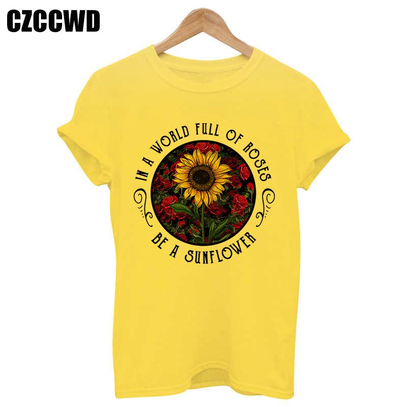 Sunflower Bee Kind Yellow Women Tshirt Aesthetics Graphic Short Sleeve Cotton Polyester T Shirts Female Camisetas Verano Mujer