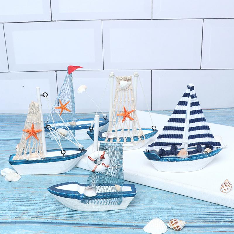 Mediterranean Style Marine Nautical Wooden Blue Boat Ship Wood Crafts Ornaments