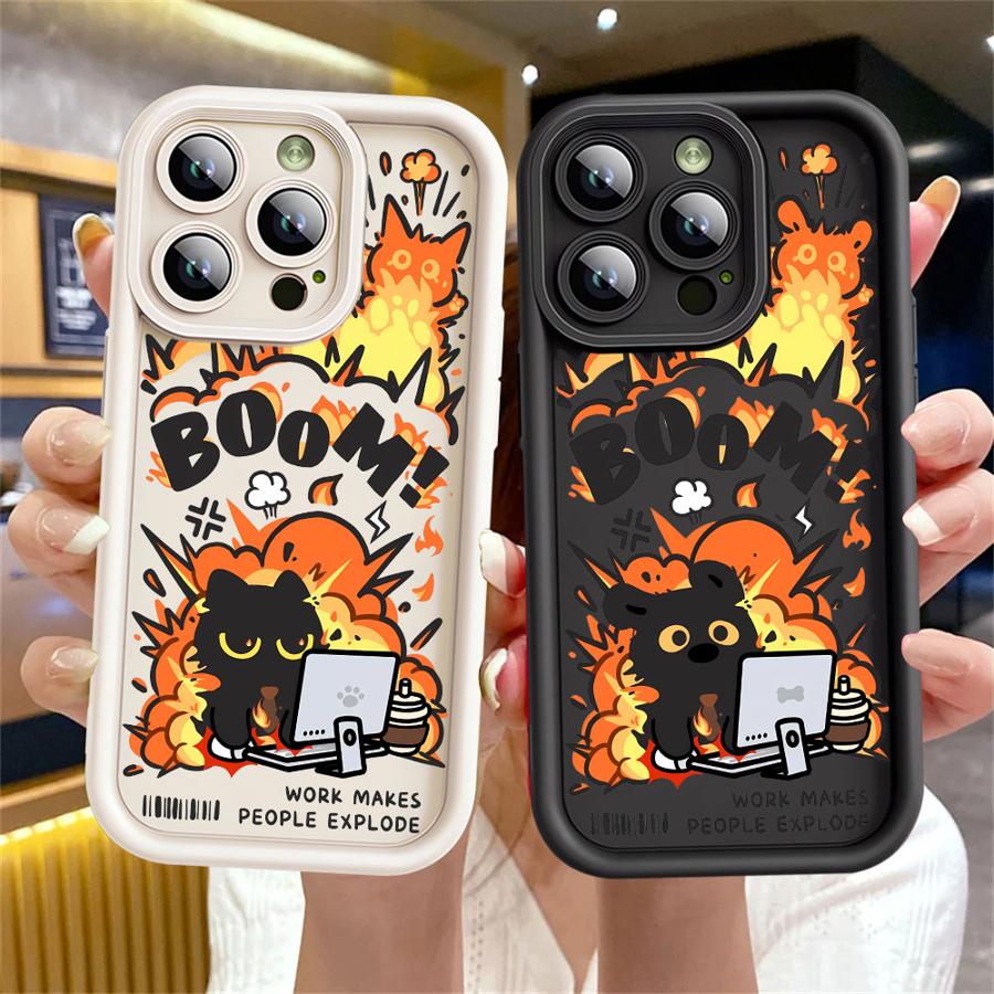 Case for Apple iPhone 11 15 Pro Max 14 Plus 13 12 16 Shockproof Shell Silicone Funda Phone Cover Cartoon Black Cat Explosion