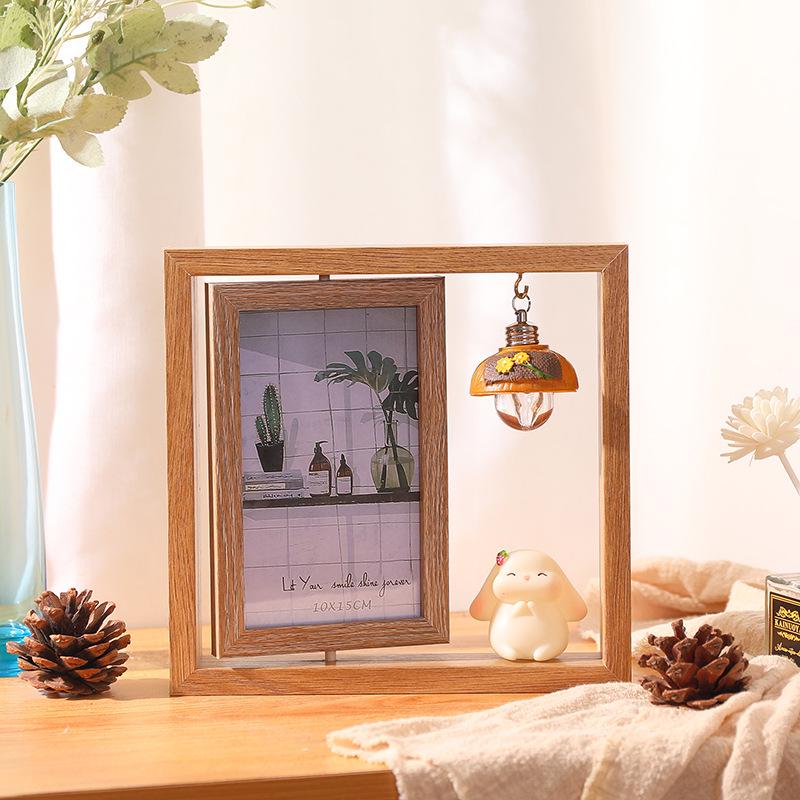 6-Inch Modern Double-Sided Rotating Wooden Photo Frame & Album with Wood Carving Ornament