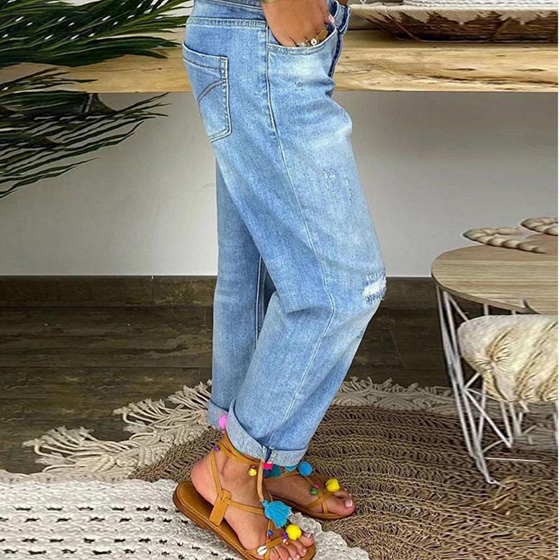Nowe Damskie Codzienne Jeansy z Prostymi Nogawkami i Efektem Zniszczenia, Spodnie z Płukanego Denimu z Wieloma Guzikami dla Street Style