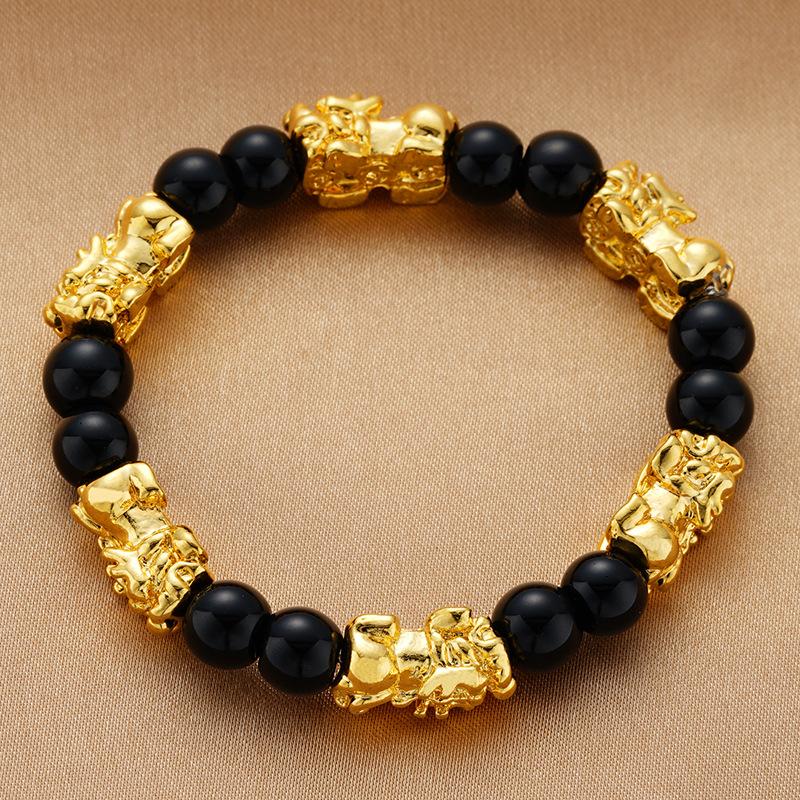 Black and Red Agate Couple's Pixiu Bracelet Sand Gold Bracelet Gold-plated Hand Jewelry Beads for Men and Women