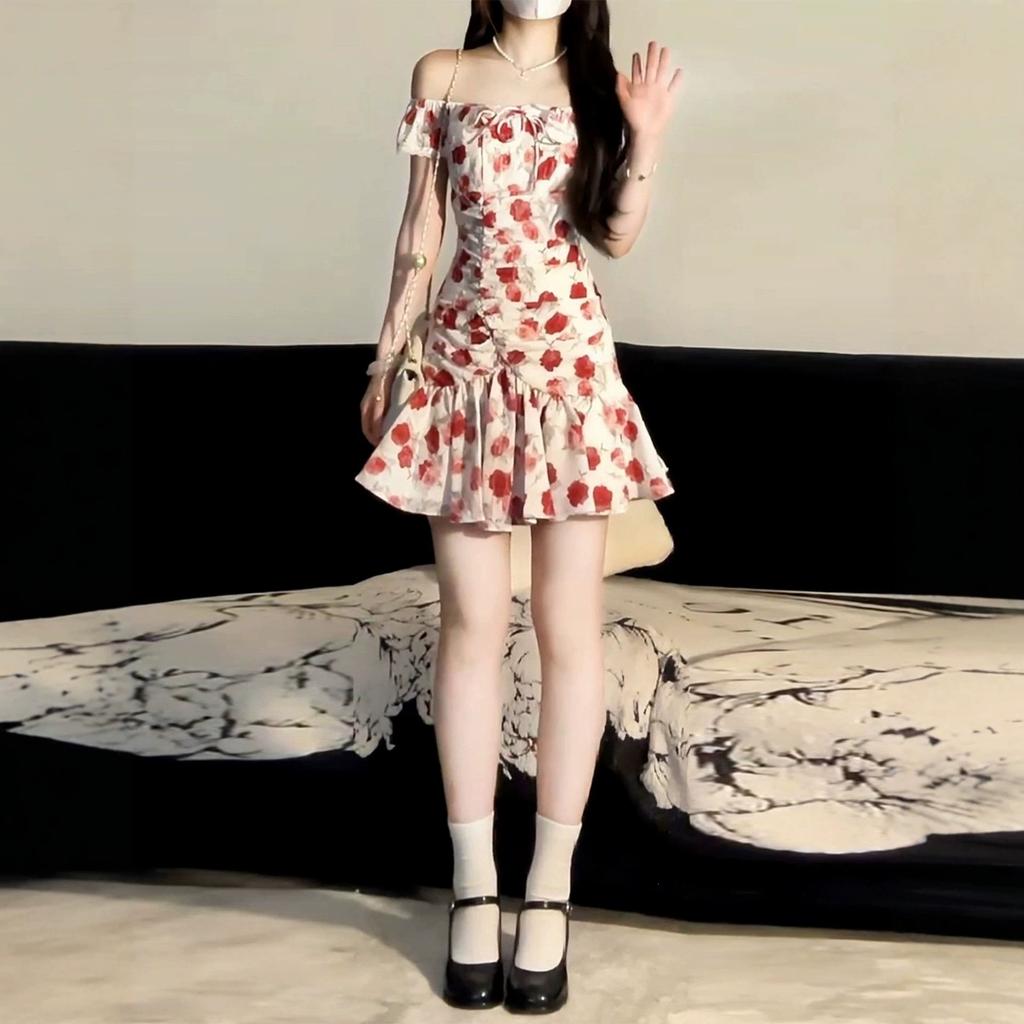 Holiday white retro red floral dress waist spring and summer new beautiful spice girl slim small flying sleeve skirt