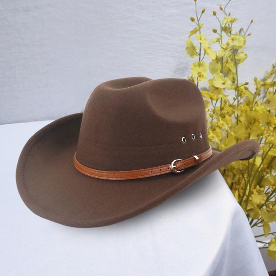 Ethnic Style Wide Brim Hemming Faux Leather Belt Decor Jazz Hat Western Cowboy Cowgirl Fedora Hat Fashion Accessories