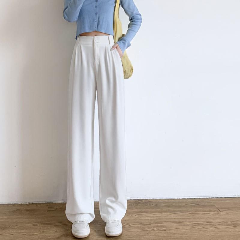 Womens High-Waisted Wide-Leg Straight Trousers Comfortable Office Casual Pants With Slight Stretch