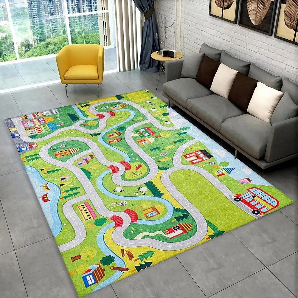 Interactive Kids' Playmat with City Roads Traffic Theme Rug for Playroom Non-Slip Carpet for Living Room or Bedroom Floor Mat