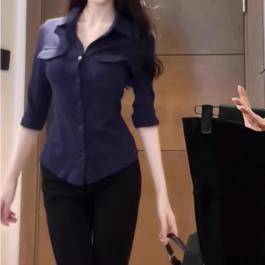 Sexy Hemd im koreanischen Stil mit Revers und langen Ärmeln - 2026 Frühling/Herbst Kurzarm-Top für Damen