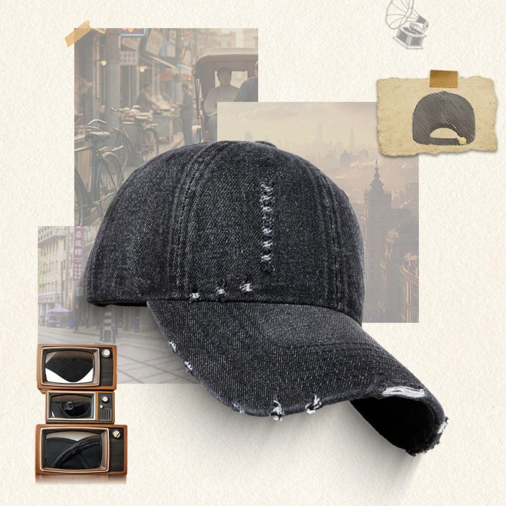 Ripped Brim Denim Baseball Cap Hole Visor Distressed Peaked Cap Casual Adjustable Cowboy Baseball Hats For Man Women Unisex