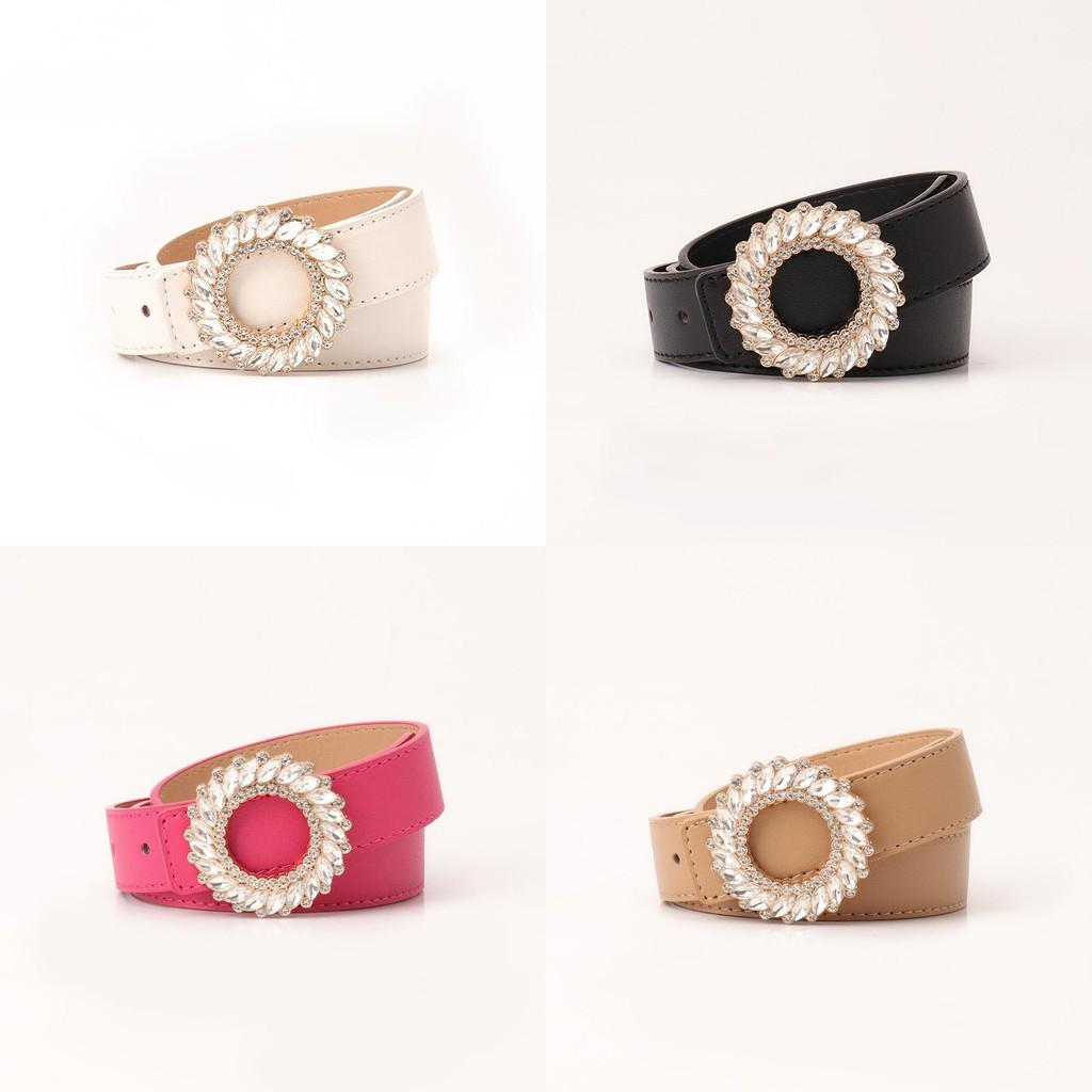 Womens Fashion Pu Leather Belt With Waterdiamond Round Buckle For Elegant Casual Wear