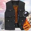 Men Fall Winter Vest Thick Plush Sleeveless Zipper Closure V Neck Solid Color Multi Pockets Mid-aged Father Fishing Waistcoat Men Winter Vest Coat