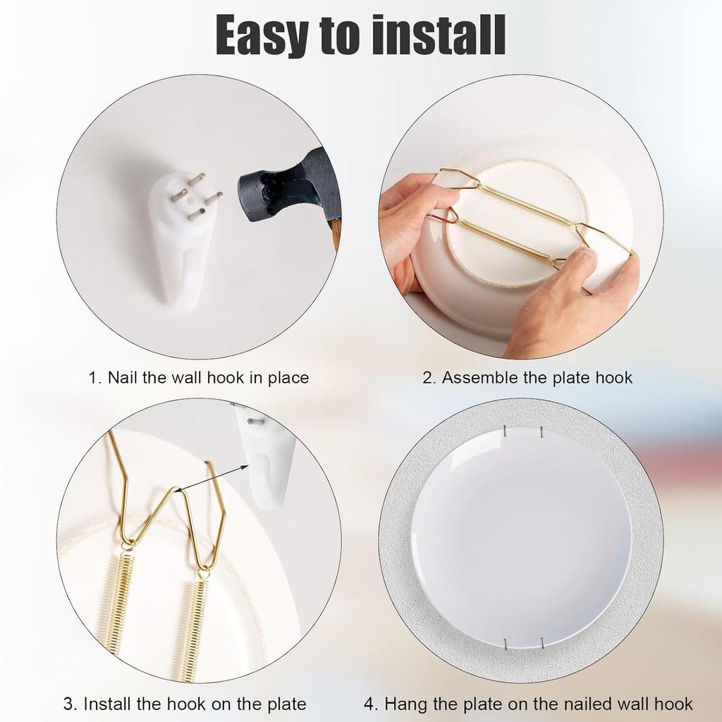 4Pcs Plate Hangers for Walls, 6/8/10/12 Inch Stainless Steel W-Shaped Gold Plate Hooks Vertical Dish Holder Display Wall Mount for Antique Arts